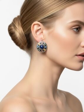 Multicolor Silver-Tone Round Earrings with Blue Center